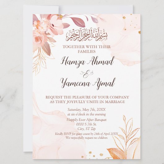 Moderne roze bloemenmoslim islamitische bruiloft kaart (Voorkant)