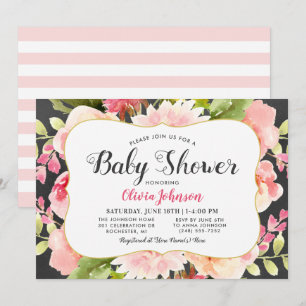 Moderne Roze Bloemenrand Baby Meisje Showerfeestje Kaart