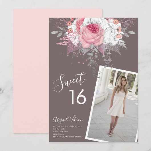 Moderne roze bloemenroze zoete 16-jarige verjaarda kaart (Voorkant / Achterkant)