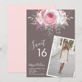 Moderne roze bloemenroze zoete 16-jarige verjaarda kaart
