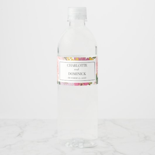 Moderne Roze Bloementuin lente bruiloft gunsten Waterfles Etiket (Voorkant)