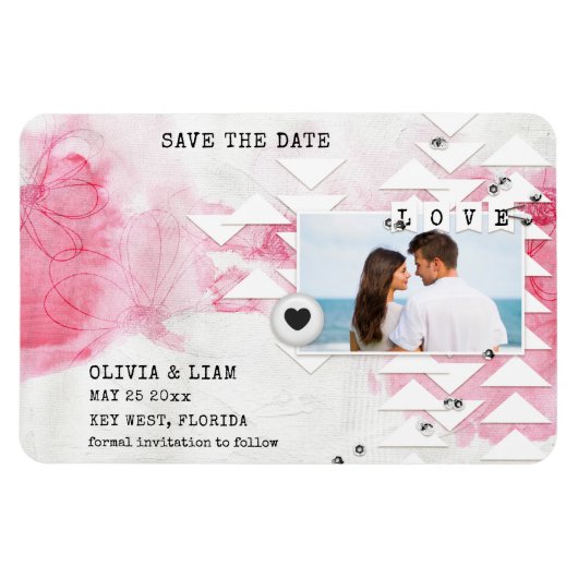 Moderne roze bloemenverf foto Save the Dates Magneet (Horizontaal)