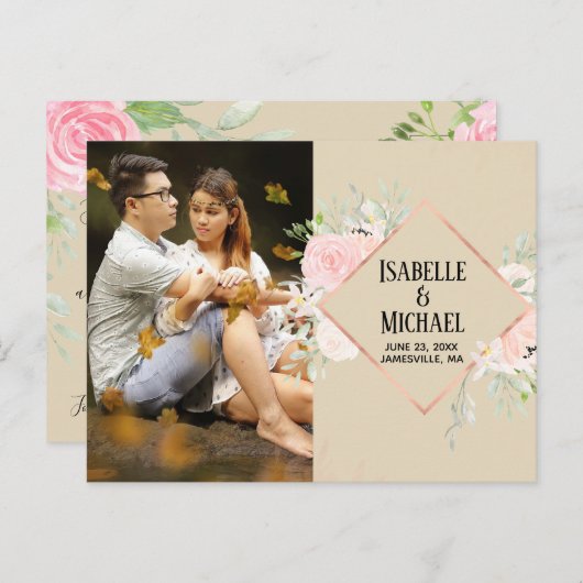 Moderne roze bloemfoto Save the Date Briefkaart (Voorkant / Achterkant)