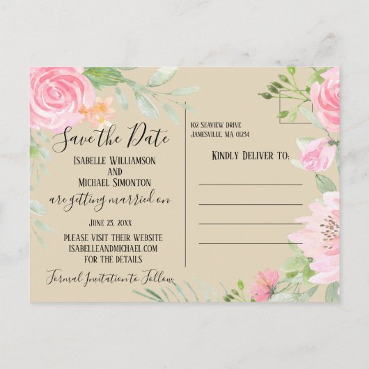 Moderne roze bloemfoto Save the Date Briefkaart (Achterkant)