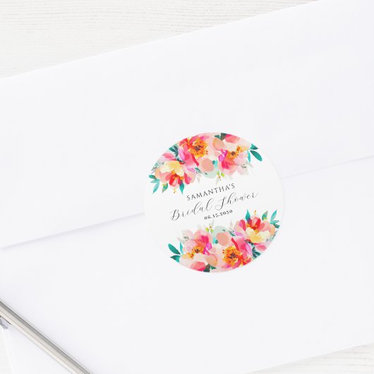 Moderne Roze Bloemige Aquarel Bruidsdouche  Ronde Sticker