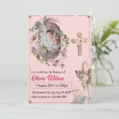 Moderne roze bloemige Baby fotocollage doop Kaart (Staand voorkant)