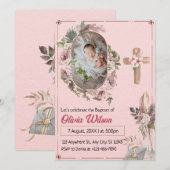 Moderne roze bloemige Baby fotocollage doop Kaart (Voorkant / Achterkant)