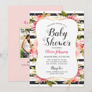 Moderne Roze Bloemige Baby Shower Foto Meisje Kaart