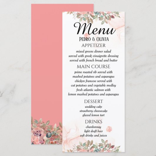 Moderne roze bloemige bruiloft menu (Voorkant / Achterkant)