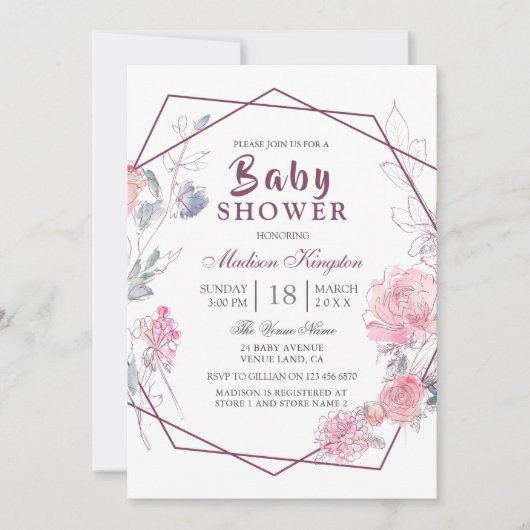 Moderne Roze Bloemige Geometrische Baby Shower Kaart (Voorkant)