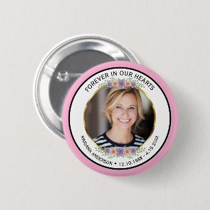 Moderne Roze Bloemige Herdenkingsfoto  Ronde Button 5,7 Cm