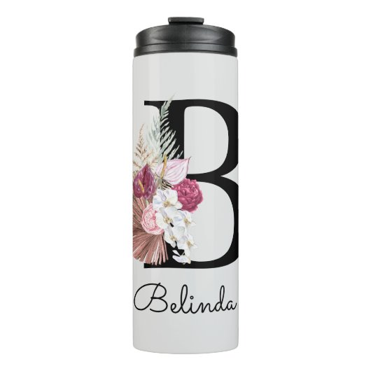 Moderne Roze Bloemige Initiaal B Thermosbeker (Voorkant)