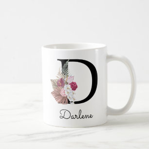 Moderne Roze Bloemige Initiaal D Koffiemok