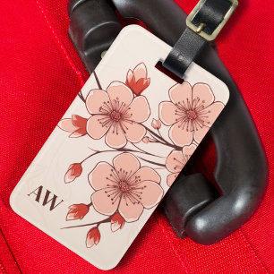 Moderne roze bloemige kersenbloesem monogram bagagelabel