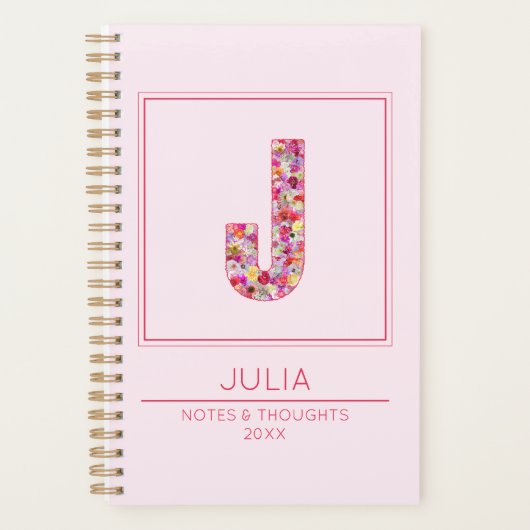Moderne Roze Bloemige Monogram Letter J Planner (Voorkant)