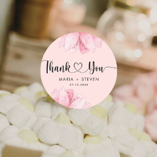 Moderne roze bloemige Romance Dank u bruiloft Ronde Sticker