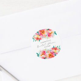 Moderne Roze Bloemige Waterverf Bruidsdouche  Ronde Sticker