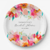 Moderne Roze Bloemige Waterverf Bruiloftsdouche Papieren Bordje (Voorkant)