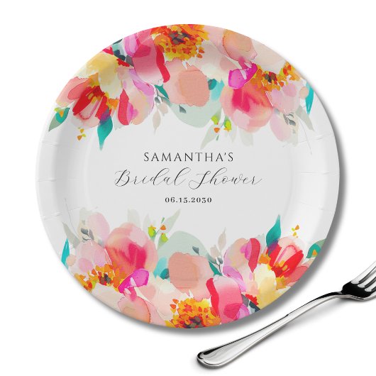 Moderne Roze Bloemige Waterverf Bruiloftsdouche Papieren Bordje