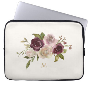 Moderne Roze Bloemige Waterverf Monogram met Bourg Laptop Sleeve