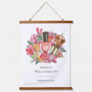 Moderne Roze Bloemige Waterverf Schoonheid Make-up Hangend Wandkleed