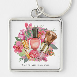 Moderne Roze Bloemige Waterverf Schoonheid Make-up Sleutelhanger