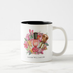 Moderne Roze Bloemige Waterverf Schoonheid Make-up Tweekleurige Koffiemok