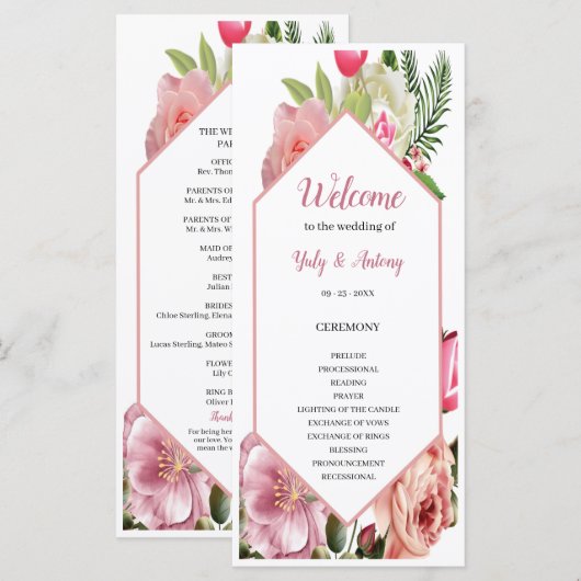 Moderne Roze Bloemige Zeshoekige Ceremonie Schema (Voorkant / Achterkant)