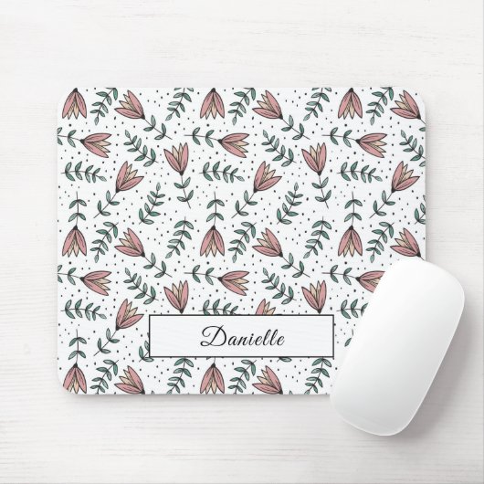 Moderne Roze Bloemmotief Naam Muismat (Met muis)