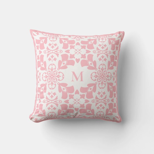 Moderne roze bloempatroon klasse elegant monogram kussen (Voorkant)