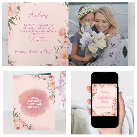 Moderne Roze Bloemrijke Moederdag Kaart