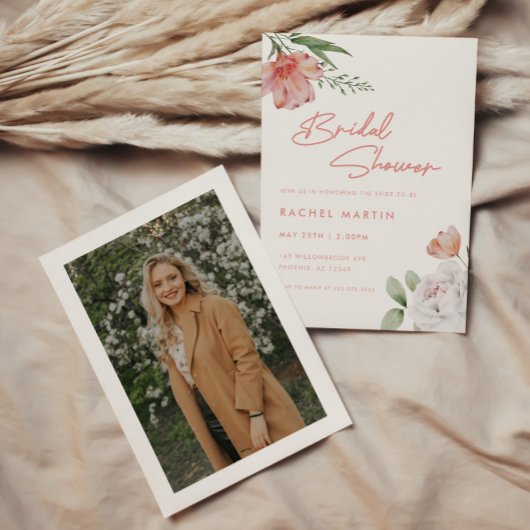 Moderne Roze Bloemrijke Script Foto Bruidsborrel Kaart