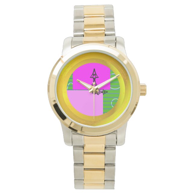 Moderne roze blokken op goudgroen horloge (Voorkant)