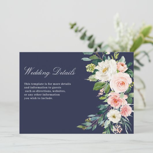 Moderne Roze Blush Bloemen Bruiloft Details Kaart (Staand voorkant)