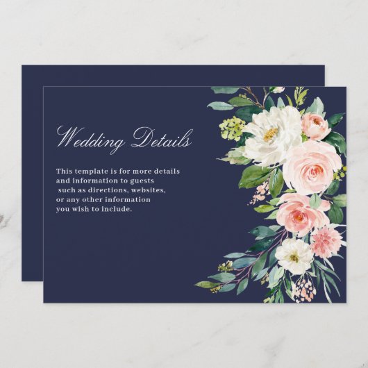 Moderne Roze Blush Bloemen Bruiloft Details Kaart (Voorkant / Achterkant)