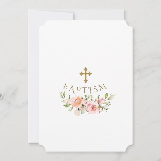 Moderne Roze Blush Bloemen Gouden Lijst Doop Kaart (Achterkant)