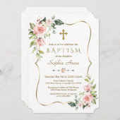 Moderne Roze Blush Bloemen Gouden Lijst Doop Kaart (Voorkant / Achterkant)