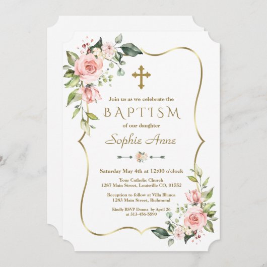 Moderne Roze Blush Bloemen Gouden Lijst Doop Kaart (Voorkant / Achterkant)