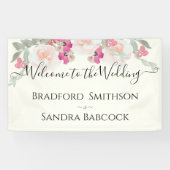 Moderne Roze Blush Bloemen Waterverf bruiloft Spandoek (Horizontaal)