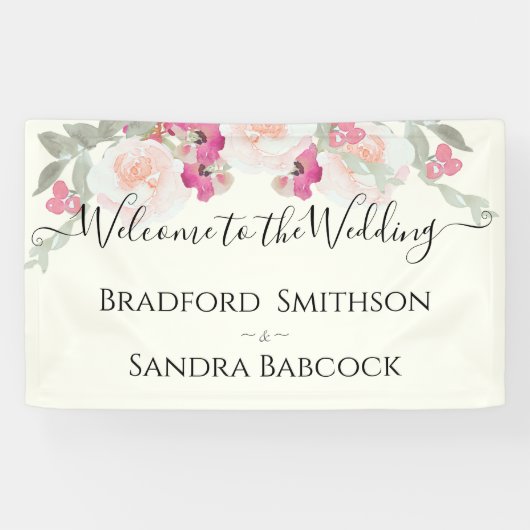 Moderne Roze Blush Bloemen Waterverf bruiloft Spandoek (Horizontaal)