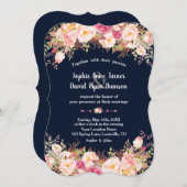 Moderne Roze Blush Bloemige Navy Blauwe Trouw Kaart (Voorkant / Achterkant)