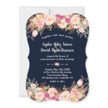 Moderne Roze Blush Bloemige Navy Blauwe Trouw