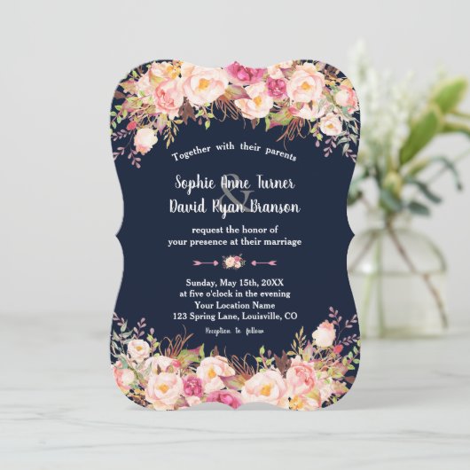 Moderne Roze Blush Bloemige Navy Blauwe Trouw Kaart (Staand voorkant)
