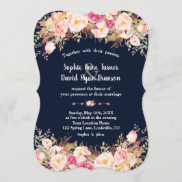 Moderne Roze Blush Bloemige Navy Blauwe Trouw Kaart