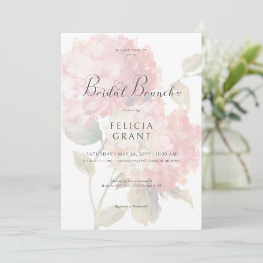 Moderne Roze Blush Hydrangea Bridal Brunch Kaart (Staand voorkant)