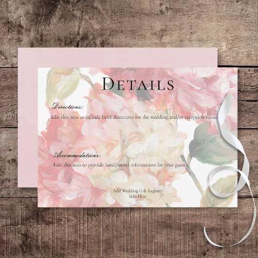 Moderne Roze Blush Hydrangea Bruiloft Details Informatiekaartje