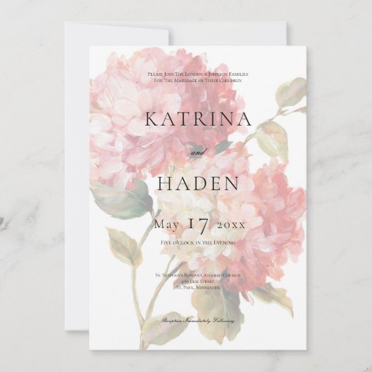 Moderne Roze Blush Hydrangea Bruiloft Kaart (Voorkant)