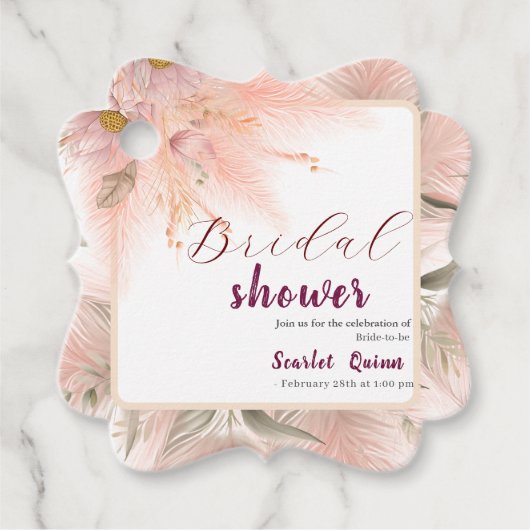 Moderne roze blush pampagras bruidsboeket bedankjes labels (Voorkant)