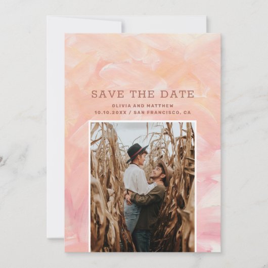 Moderne roze blush penseelstreken bruiloft save the date (Voorkant)