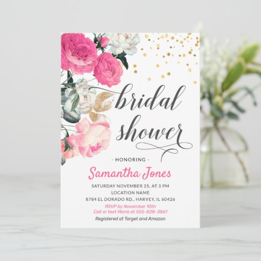 Moderne Roze Blush Pioenrozen Bruidsuitnodiging Kaart (Staand voorkant)